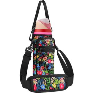 Neoprene Water Bottle Holder Bag with Cell Phone Pocket Compatible with Owala FreeSip 24 ozWater Bottle Carrying Bag with Adjustable Shoulder Strap,for 24oz Stainless Steel Water Bottle (Wild Flower)