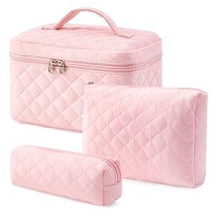 HBselect Quilted Makeup Bag, 3PCS Cotton Large Travel Makeup Bag, Cute Floral Coquette Make up Bag Cosmetic Bag Toiletry Bag for Women Girls