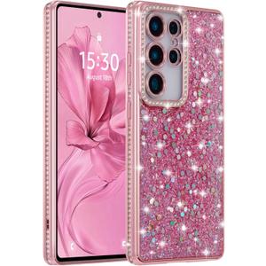 FABSPARK Case for Samsung Galaxy S25 Ultra,Glitter Crystal Diamond Rhinestone Sequin Shiny Bling Sparkly Glossy Luxury Electroplated,Aesthetic Cute Full Protection for Samsung Galaxy S25 Ultra,Pink