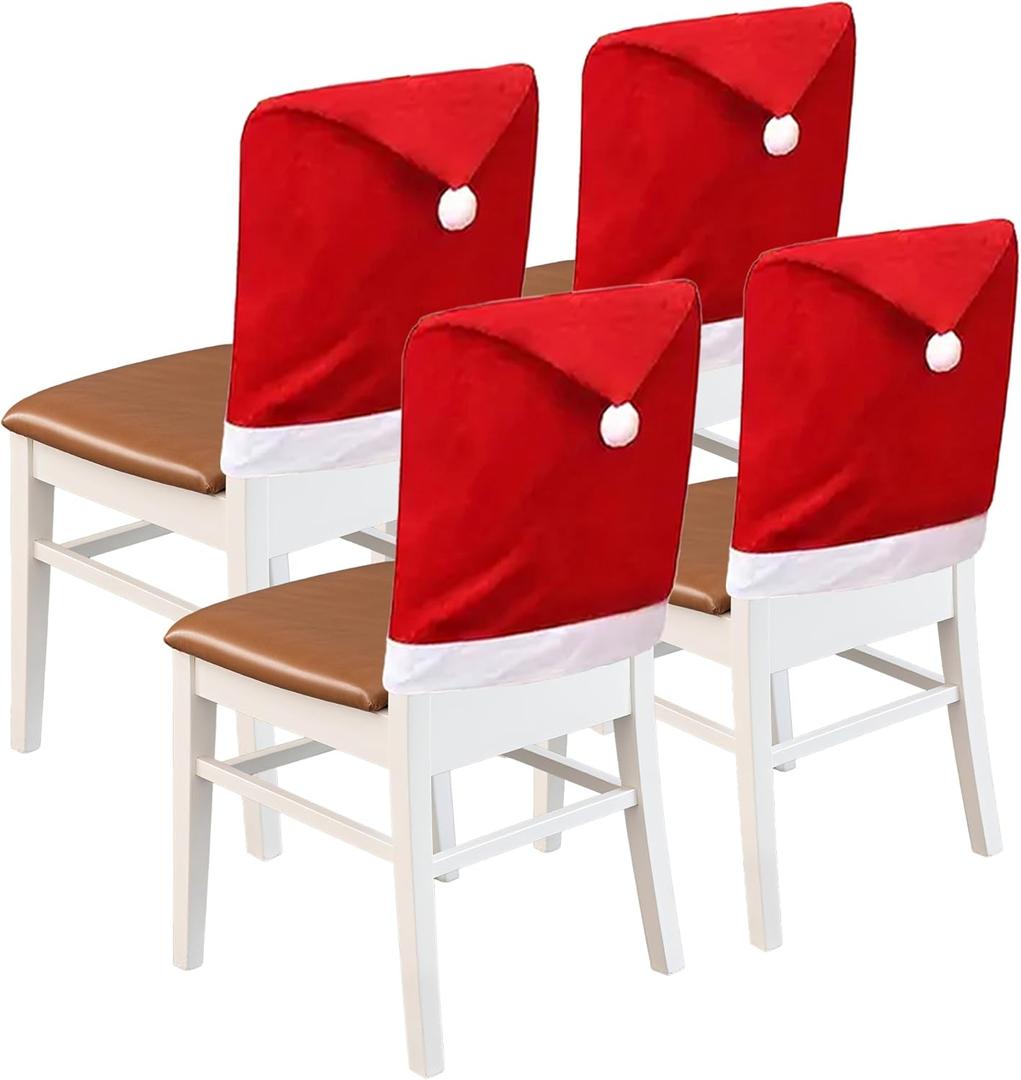 Christmas Chair Covers Hat Chair Back Covers for Xmas Holiday Chair Covers Set of 4, Stretch Parsons Chair Slipcovers Removable Washable kitchen for Home Hotel Banquet Holiday Decoration(4Pcs) (Red)
