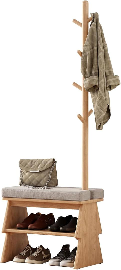 Coat Rack with Shoe Storage,Shoe Rack whit 8 Hook for Offices、Bedroom、Living Room,Small Shoe Bench, Natural
