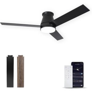 52-Inch Flush Mount Ceiling Fan, Smart Low Profile Ceiling Fan With Light, Matte Black 6-Speed With Remote/App, Dimmable, for Patios, Bedroom, Living Room
