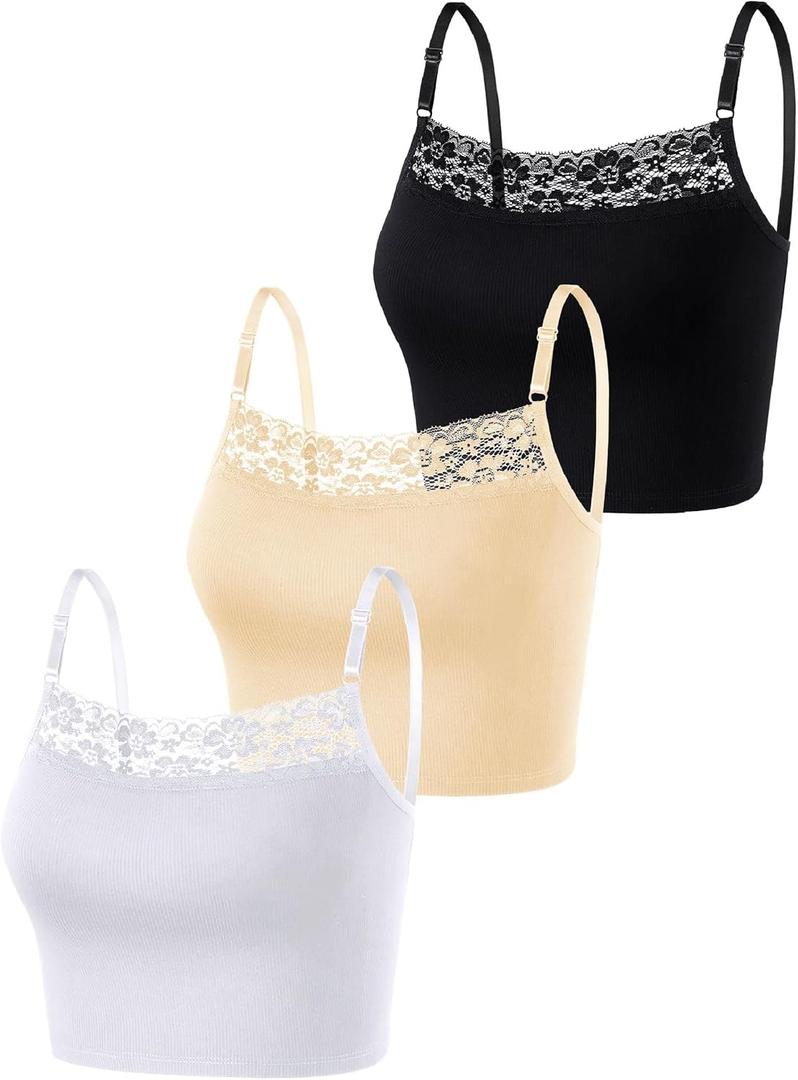 3 Pieces Lace Camisole Lace Crop Top Lace Half Cami Breathable Basic Cami Spaghetti Tank Top for Women Girls (X-Large)