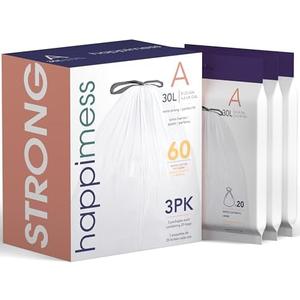happimess HPM3000A-WHITE 7.9 Gallon Kitchen Drawstring Trash Bags, Trash Can Liner, White, 60-Count, 3-Packs of 20 Liners
