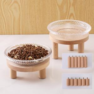 Raised Whisker Fatigue Cat Bowl. Glass Cat Bowls Elevated with Wooden Legs in 2 Heights. Protect The Spine and Prevent Vomiting. 2PCS. KGCCIZI (Transparent)