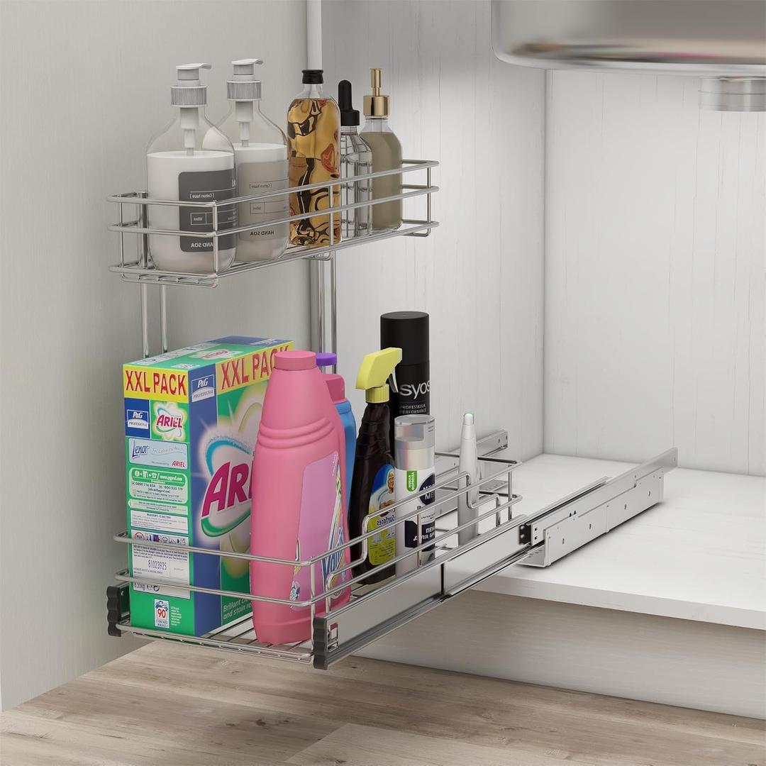 Under Sink Organizer 9"W X17"DPull Out Cabinet Organizer 2 TierUnder Sink Slide Out Organizer Chrome Plated, Under Kitchen Bathroom Sink Organizer, Pantry Cabinet Closet Organization Rack, 1 Pack