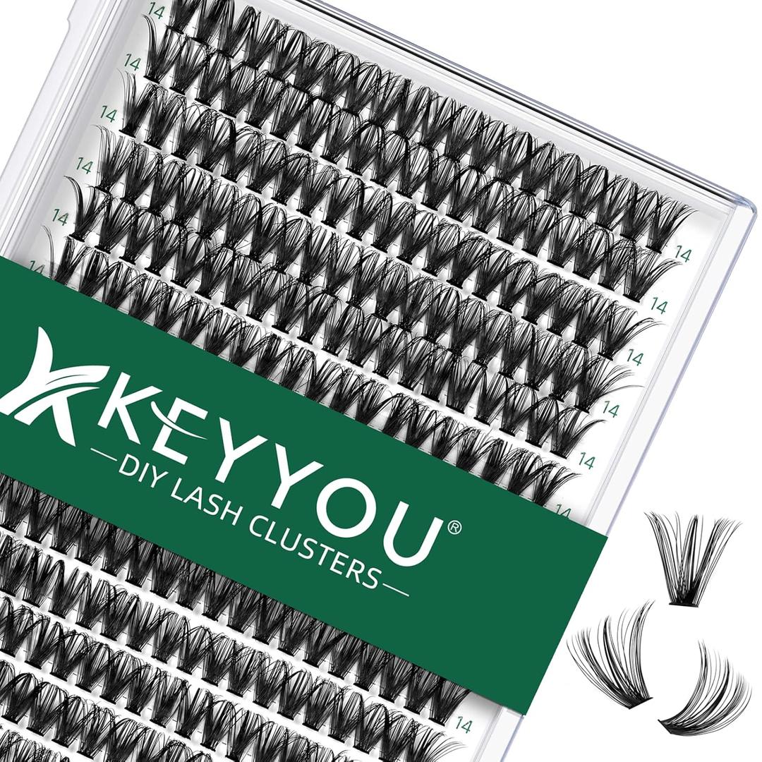 Lash Clusters 300pcs Individual Lashes 40D 0.07D Curl 14mm DIY Eyelash Extension KEYYOU Large Tray Volume Soft&Natural Eyelash Clusters(40D-0.07D,14