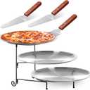 Domensi 7pcs Pizza Pan Riser Stands Sets Includes 1pcs Tiered Tray Stand 3 Stainless Steel Pizza Pan and 3 Wood Handle Knife for Tables Party Restaurant