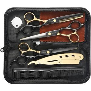 Wenshall Professional Black Gold Hair Scissors 6.89" Teeth Japanese Stainless Steel Multifunctional Salon Thinning Scissors Straight Shears Tools for Men Women Home Salon Barber