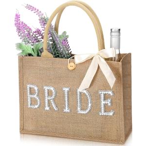 Silkfly Wedding Bride Bag Natural Jute Tote with Ribbon Bride Gift Bag with Handle for Shower(Silver Edges,Bride)