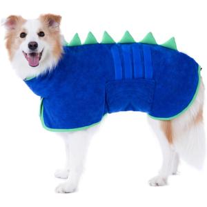 Super Absorbent Dog Bathrobe, Microfiber Bath Robe Towel for Fast Drying, Cozy Fit, Adjustable Belly Strap, Unique Dinosaur Design Dog Drying Coat for Bath, Rainy Walks & Cold Weather XL