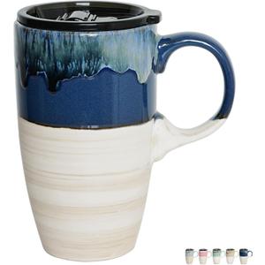 Bosmarlin Ceramic Travel Coffeel Mug with Handle and Lid, 18 oz, Portable Coffee Cup for Car Cup Holder, Microwave and Dishwasher Safe, Reactive Glaze (Deep Blue)