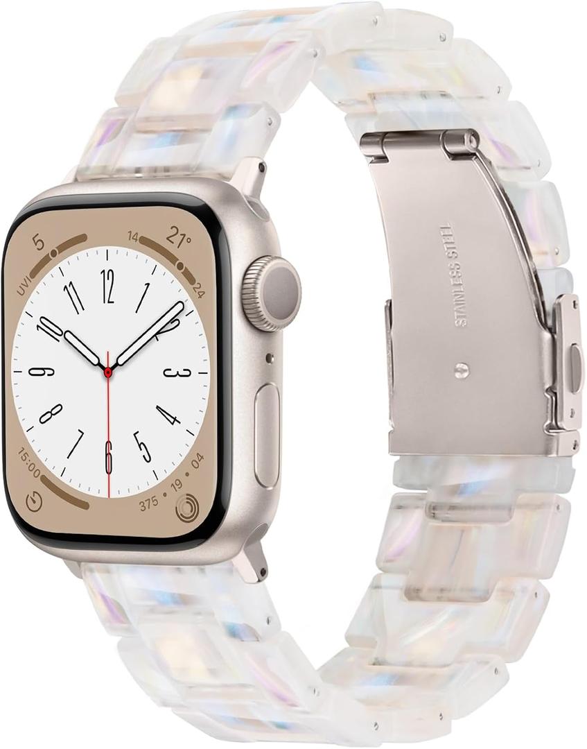 Resin Watch Band Compatible with Apple Watch Band for Women 42mm 44mm 45mm Tortoise Metal Buckle Wristband Bracelet Strap for iWatch Series 10 9 8 7 6 5 4 3 2 1 SE(Creamy starlight)
