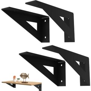 Shelf Brackets 6 x 3 Inch, 4 Pack Solid Floating Shelf Bracket Reversible, Sturdy Matte Black Shelf Brackets, Heavy Duty Shelf Mounting Brackets for DIY Wall Shelves