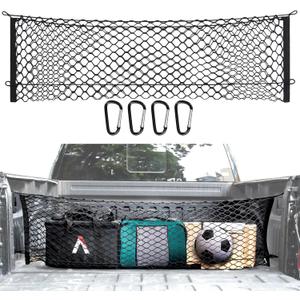 Truck Bed Cargo Net, Elastic Mesh Cargo Net with 4 Metal Carabiners, Black, Compatible with 2013-2022 Chevy Silverado, F150, F250, Gmc Trucks, 49x15.2 Inch