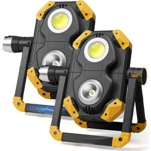 2 Pack 2500LM Magnetic Rechargeable Work Light, LED Work Light Rechargeable with 360 Rotation Stand & Foldable Design, 5 Lighting Modes Magnetic Flashlight for Car Repairing Camping Emergency (Yellow)