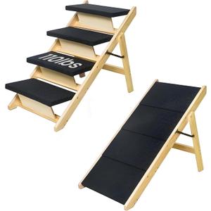 Wood Pet Stairs/Pet Steps, 2-in-1 Foldable Wooden Dog Stair for Beds, Couches, Sofa and Cars, Dog Stairs & Non-Slip Adjustable Ramp with 4 Steps for Small Medium Large Pet