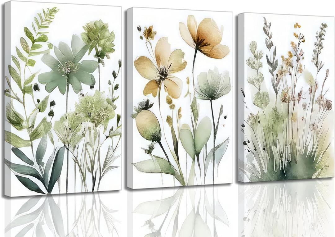 3Pcs Sage Green Botanical Canvas Wall Art Minimalist Flower Boho Floral Painting Picture Wall Decor Posters Prints Artwork For Living Room Bedroom Office Kitchen Home Decoration, 16L"x24W"