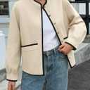 Cicy Bell Womens Button Down Bomber Jackets Puff Sleeve Cropped Pea Coats Casual Fall Color Block Outerwear (Medium, Beige)