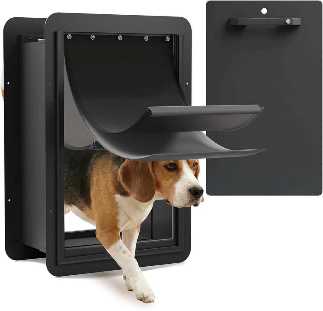 Large Wall Dog Door, 3-Flap Insulated Pet Door, Heavy Duty Steel Frame, Replaceable Flaps, Patented 2-Way Lockable Handle, Easy Install, Extreme Weather, Standard Cutout, Fits Pets up to 100 lb, Black, Large for Wall