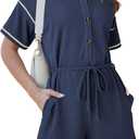 Dokotoo Womens 2025 Summer Casual Button Up Short Sleeve Drawstring Waist Shorts Jumpsuits Striped Rompers with Pockets (XX-Large, Navy Blue)