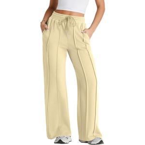Herseas High Waisted Sweatpants for Women Elastic Elevated Seams Wide Leg Drawstring Loose Long Pants with Pockets (Yellow, XXL)