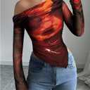 Women's Off Shoulder Tie Dye Mesh T Shirt Long Sleeve Asymmetrical Hem Ruched Fitted Tee Tops (XXXL)