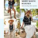 Vivilli Womens Summer Boho Tops Casual V Neck Short Sleeve Blouses Floral Printed Shirt Tie Front Flowy Vacation Clothes (Black) XL