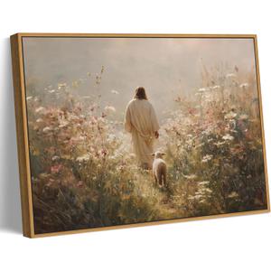 VONFRAENIT Jesus Leaves the 99 Sheep Canvas Wall Art The Lost Sheep Bible Stories Wall Decor Pictures Christian Wildflowers Painting for Bedroom Prayer Room Church Home Decoration