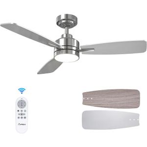 Amico Ceiling Fans with Lights, 44 inch Nickel Ceiling Fan with Light and Remote Control, Reversible, 3CCT, Dimmable, Noiseless, Small Ceiling Fan for Bedroom, Farmhouse, Indoor/Outdoor Use