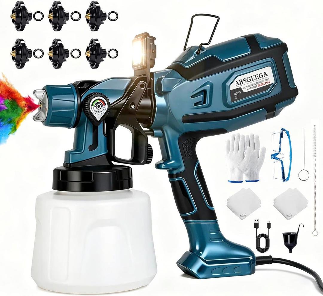 Paint Sprayer, 1250W Electric Paint Sprayer 6 Copper Nozzles 3 Patterns 47oz (1400ml) Large Capacity with LED Easy to Clean, Paint Sprayer for House Painting Furniture Walls Fence Cabinets DIY