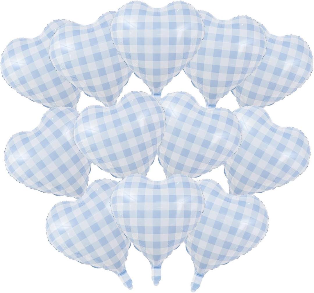 12 Pcs Heart Shaped Balloons, Blue White Checkered Pattern Heart Shaped Mylar Foil Balloons 18 Inch for Valentines Wedding Birthday, Baby Shower Party Decorations