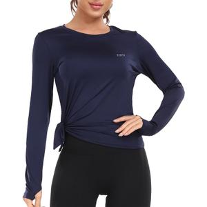 Long Sleeve Workout Tops for Women UPF 50+ UV Protection Sun Shirts Quick Dry for Running Hiking with Thumb Hole (Small, Navy Blue(slit Hem))