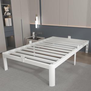 White 12 Inch Twin Bed Frames with Gaskets, Metal Twin Size Bed Frame No Box Spring Need, Heavy Duty Steel Platform Support, Round Corner Design, Reserved Holes, Storage Space, Noiseless