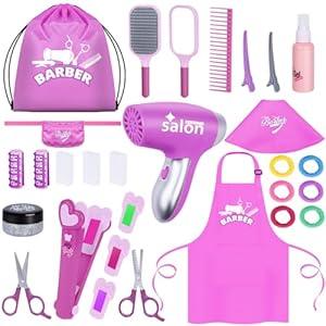 Gifts2U Hair Salon Toys for Girls, 26 Pcs Realistic Girl Beauty Salon Playset Hair Styling Set with Blow Dryer, Barber Costume Apron, Scissors and Stylist Accessories