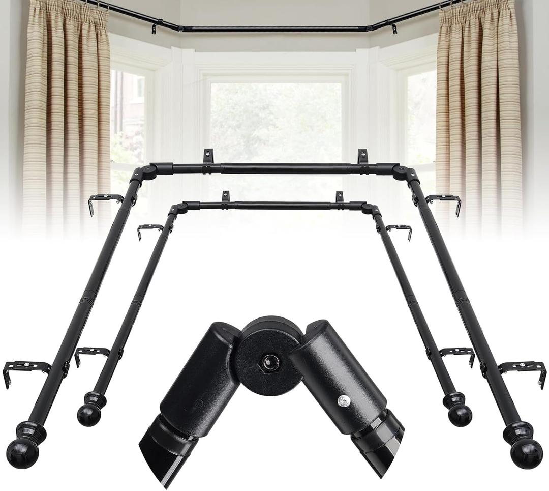 Bay Window Curtain Rods, 2PCS 1 Inch U shaped Adjustable curtain rods for bay windows 59 to 184 Inches, Heavy Duty Curtain Rods with Brackets for Bedroom, Living Room Curtains Black