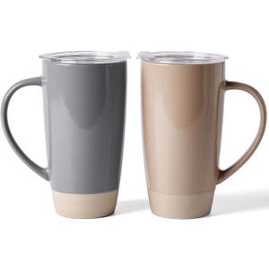 famiware Milkyway Coffee Mugs, 20oz Large Coffee Mug, Ceramic Mug Set of 2 with Lid, Cup Set with Handle for Latte, Tea, Cocoa, Milk, Home & Office, Cinnamon Brown and Dark Gray