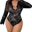 WDIRARA Women's Plus Size Sexy Floral Lace Bodysuit Deep V Neck Long Bell Sleeve Leotard Tops (4X-Large Plus, Black)