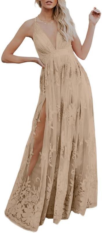 Dokotoo Womens Formal Dresses Deep V-Neck Embroidered Lace Mesh Evening Party Prom Dress Long Wedding Dress (Small, Apricot)