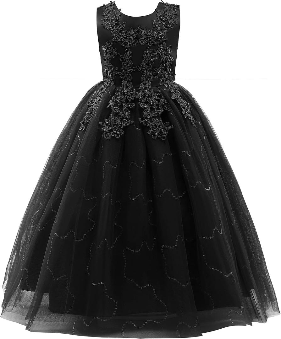 Weileenice Little/Big Girls Lace Bridesmaid Dress Flower Kid Wedding Ball Gown Toddler Princess Pageant Evening Dresses (9-10 Years, Classic Black Embroidery Sequin Tulle - Maxi)