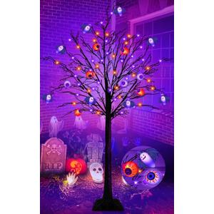 5 Ft Orange & Purple Halloween Tree Decor with 64 LED & 3D Lighted 8 Bats & 8 Eyeballs DIY Spooky Ornament Black Twig Tree Halloween Decoration Outdoor Indoor Home Yard(Adapter/4 Stakes)