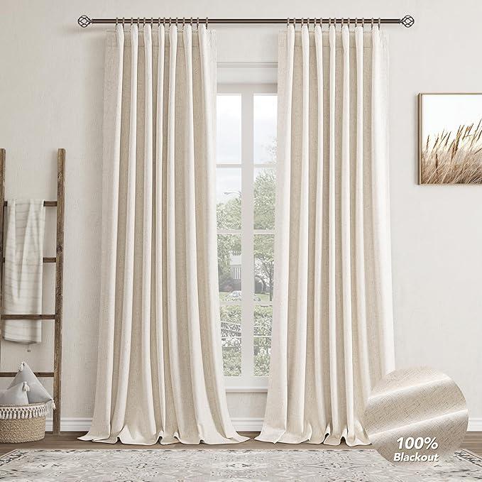 Birch Linen Blackout Curtains for Bedroom 90 Inch Length 2 Panels Set Back Tab Pocket Neutral Farmhouse Living Room Darkening Curtains Track System Thermal Insulated Black Out Drapes
 80x102" 2pcs