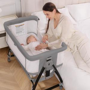 Baby Bassinet, 3-in-1 Bedside Bassinets for Baby, Bassinet Bedside Sleeper with Wheels, Baby Bassinet Bedside Crib with Breathable Mesh, Mosquito Net, 6 Height Adjustable, Large Storage Basket, 35.4‘’L*21.7''W*28''-32.7''H
