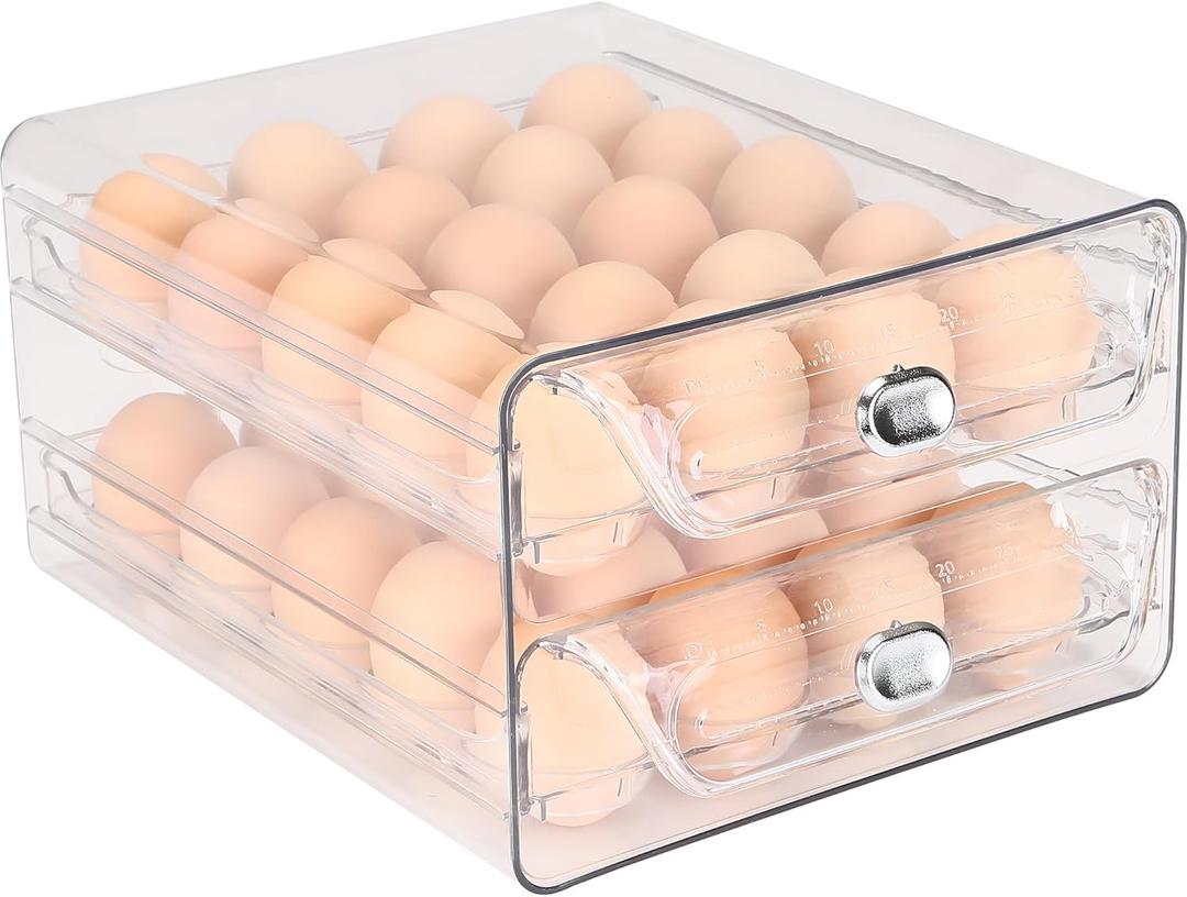 Sea Team Clear Plastic Egg Holder for Fridge, Stackable Refrigerator Egg Container with 2 Removable Trays, Dispenser for Kitchen Storage and Organizer (9.8 x 8.5 x 5.5" / 1-Pack)