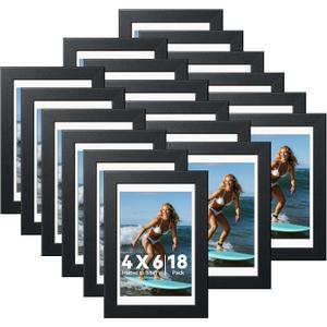 HappyHapi 4x6 Picture Frames Set of 18, Tabletop or Wall Photo Frames, Display Pictures 3.5x5 with Mat or 4x6 Without, Bulk Frames Collage (Black)
