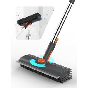 Floor Scrub Brush with Long Handle, 3 in 1 Multi-angle Swivel Right Angled Bristle Floor Scrubber Brush with Squeegee and Tweezer for Cleaning Tile Wall Deck Bathroom Patio Garage Kitchen (Grey)
