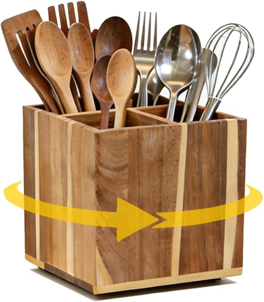 Wooden Utensil Holder for Kitchen Counter, Non-Slip Large Acacia Wood Organizer with 4 Compartments, 360 Rotating Cooking Utensil Holder