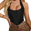 SOLY HUX Corset Tops for Women Vintage Bustier Tops Y2K Summer Halter Crop Tops Sexy Boned Bustier Bodyshaper Pure Black S