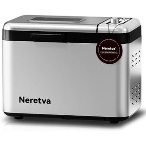 Neretva Bread Maker, 3.3LB Larger Bread Machine 15-in-1 Stainless Steel & Nonstick Ceramic Pan & Auto Nut Dispenser Breadmaker Machines Full Touch Panel with Gluten Free White Wheat Rye French Pizza (Silver)