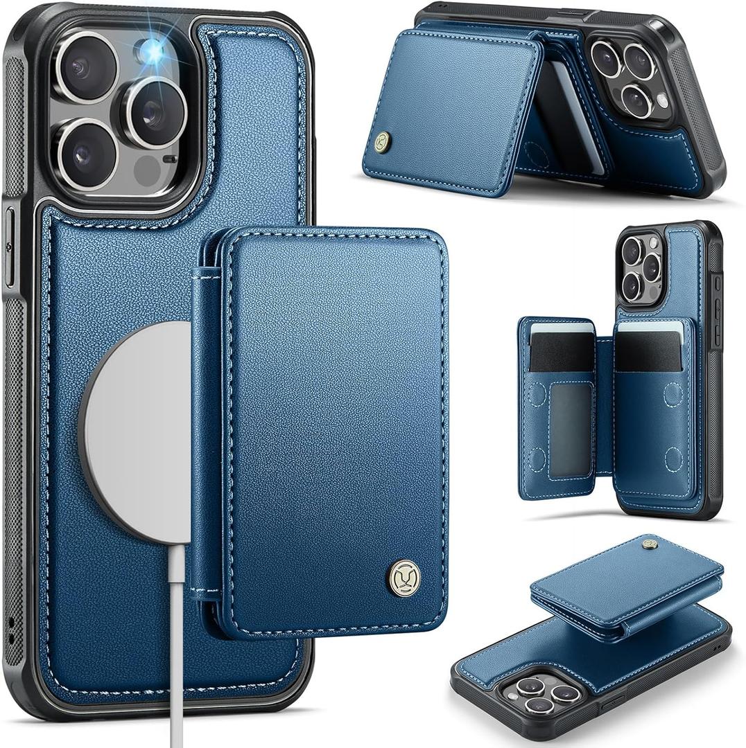 Compatible with Magsafe for iPhone 15 Pro Max Wallet Case Magnetic Card Holder, RFID Blocking 2 in 1 Detachable Kickstand Shockproof Case for Apple 15 Pro Max, Blue